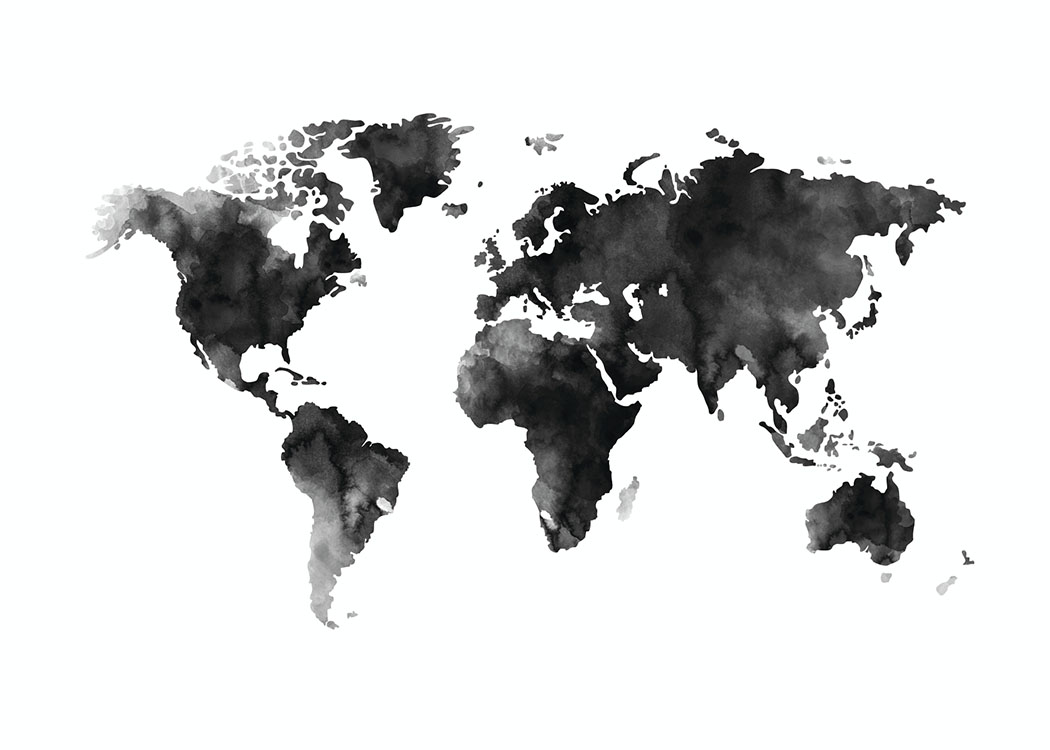  – Black and white watercolour painting with a world map