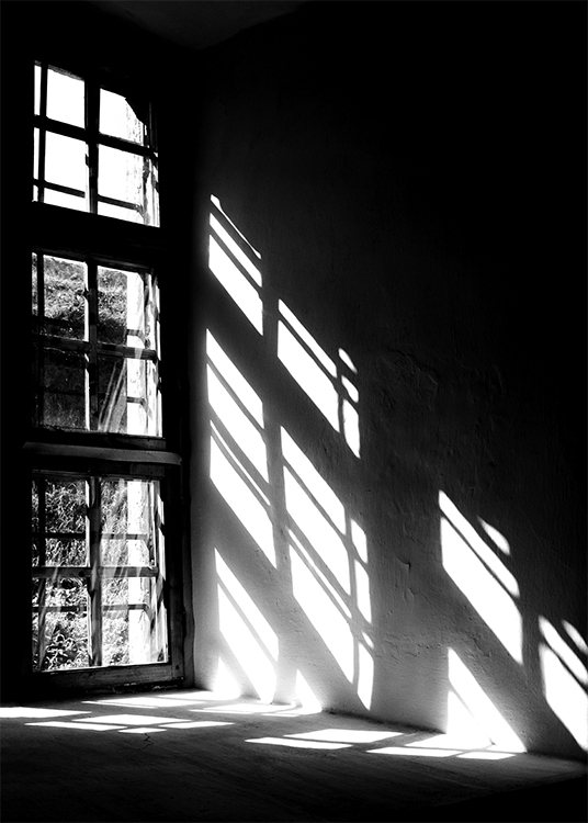  – Black and white photograph of shadows from a window on a wall