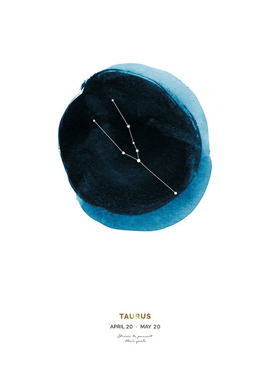  – Taurus zodiac sign with a blue circle behind it and text underneath on a white background