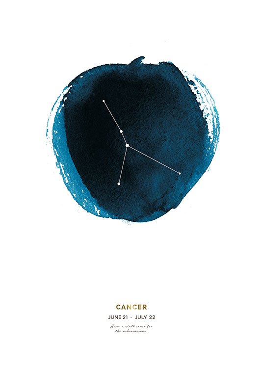  – Illustration with the Cancer zodiac sign inside a blue circle with text underneath