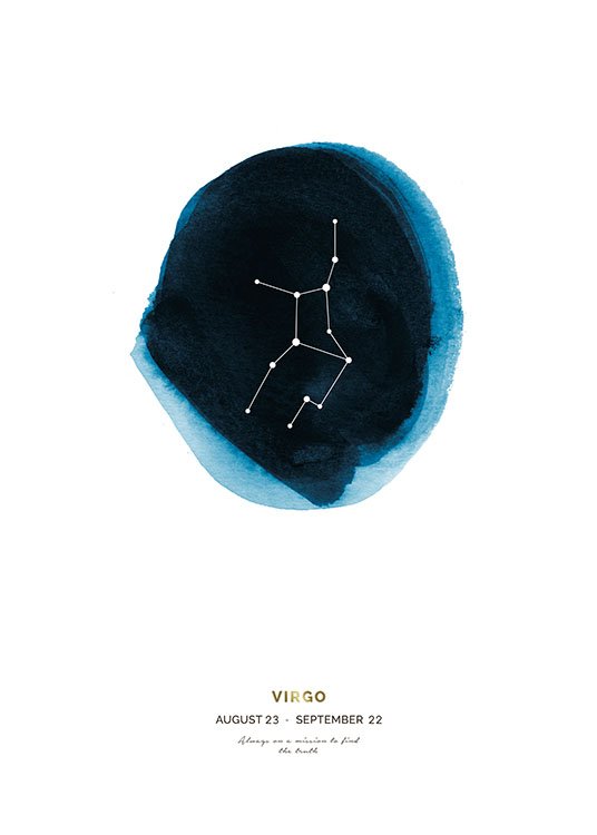  – The Virgo zodiac sign in a blue circle painted in watercolour on a white background