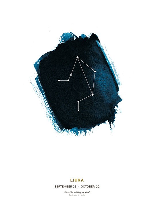  – The Libra zodiac sign against a blue shape with text at the bottom