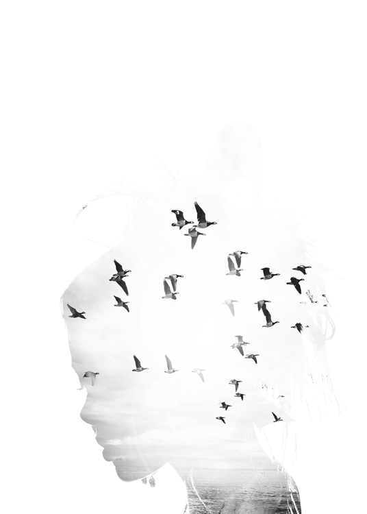 – Black and white art print with birds and the sea shown inside of the contours of a woman's face