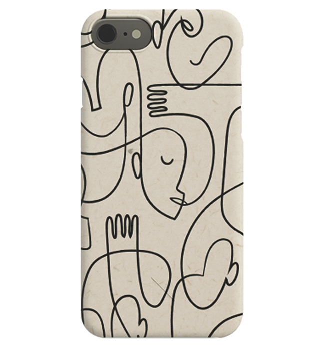  – iPhone case with an abstract design, with faces drawn in black line art on a beige background
