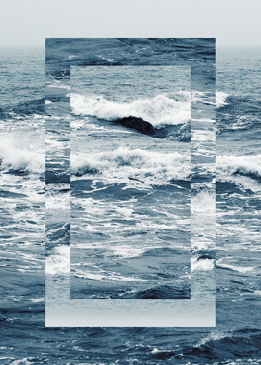  - Graphical photograph of a blue, stormy ocean with a rectangle in the centre