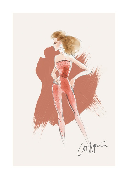  – Illustration of a woman standing in a red jumpsuit with pearls on it, on a beige background with red brush strokes