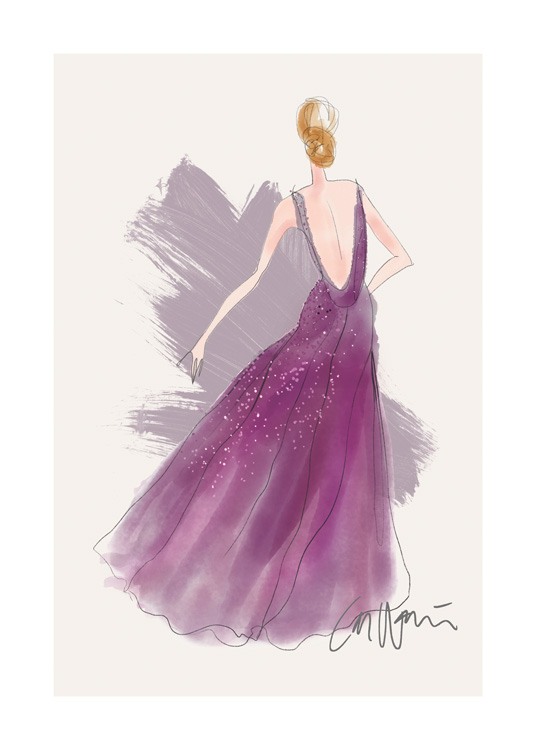  – Illustration of a woman wearing a purple gown with a deep back, and sequins on the skirt against a beige background