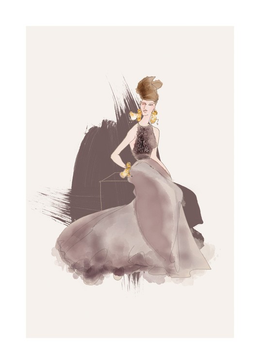  – Illustration of a woman in a dark grey gown with a bodice with pearls, against a beige background