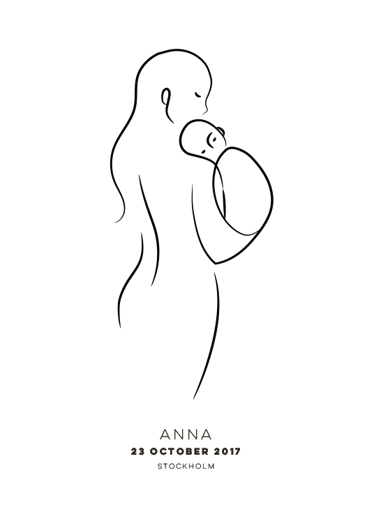  - Line art illustration of a parent holding a new born baby and personalised text underneath