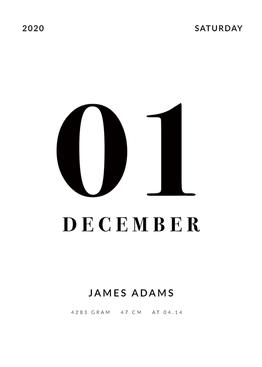  – Black and white text poster with birth date, name and birth details