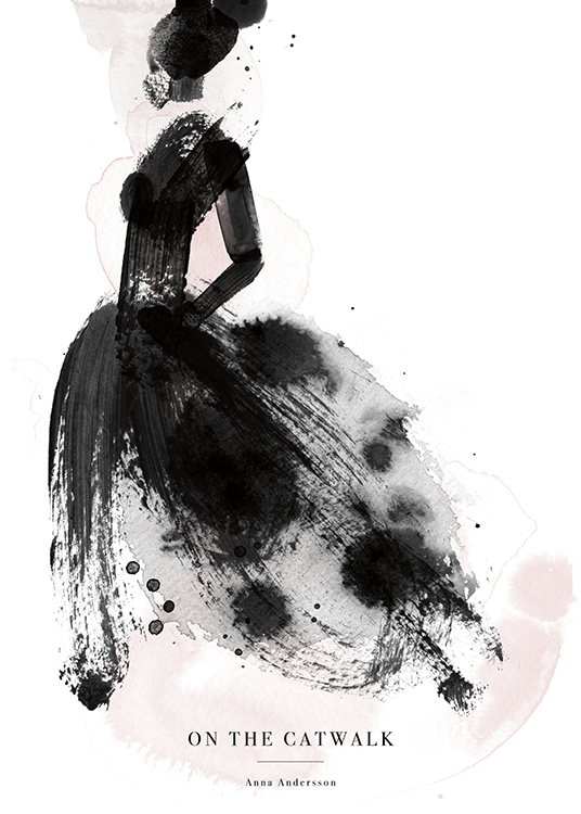  – Watercolour illustration of a woman in a black dress and pink paint splatters, and text underneath