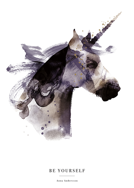  – Watercolour illustration of a unicorn in purple, black and brown on a white background with text at the bottom