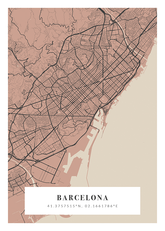  – City map in pink, dark grey and beige with coordinates and city names at the bottom