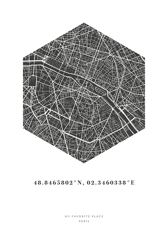  – Hexagon city map in black and white with coordinates and text underneath