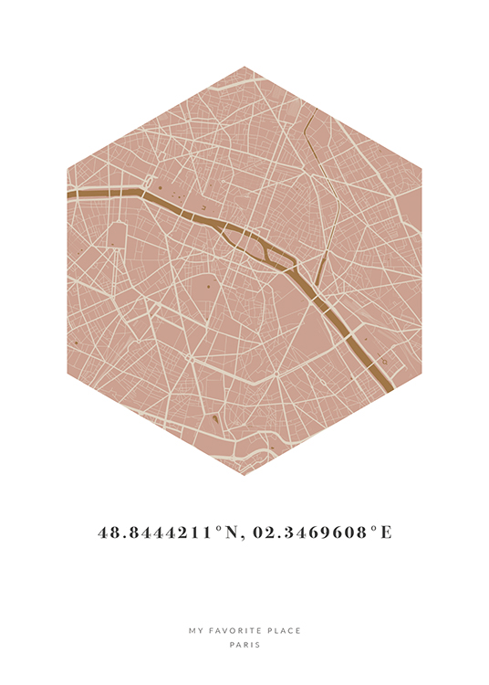  – City map in a hexagon in beige and pink with text and coordinates at the bottom