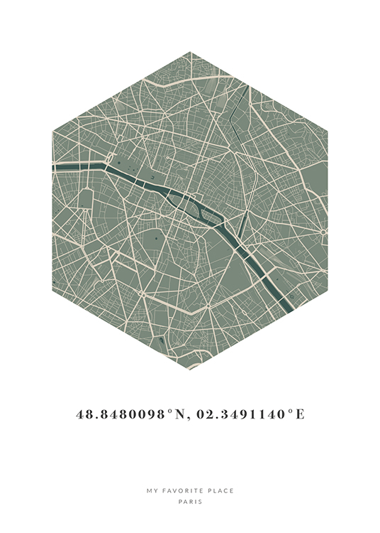  – Hexagon shaped city map in beige and green with coordinates and text at the bottom
