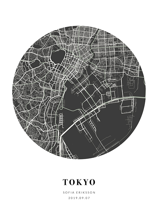  – Black and white city map in the shape of a circle with text at the bottom