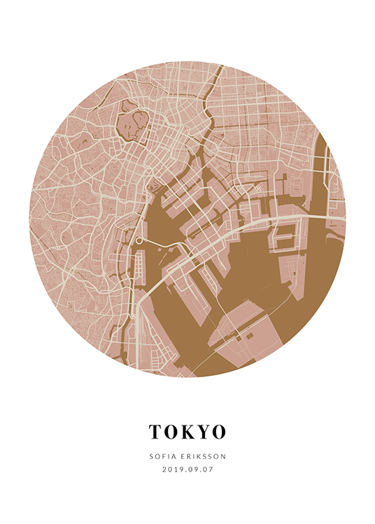  – Brown and pink, round city map with text underneath
