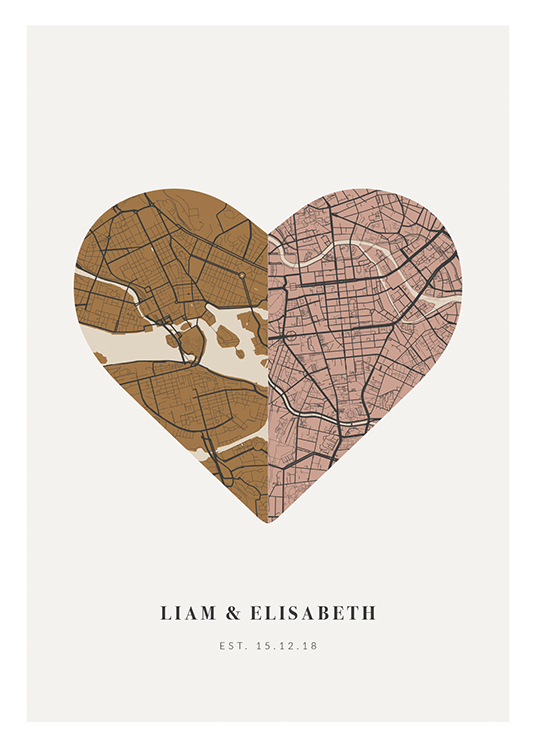  – City map in a heart shape in brown and pink on a light grey background with text underneath