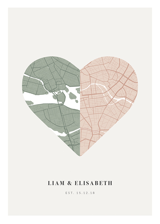  – Heart-shaped city map in green and pink on background in light grey with text at the bottom