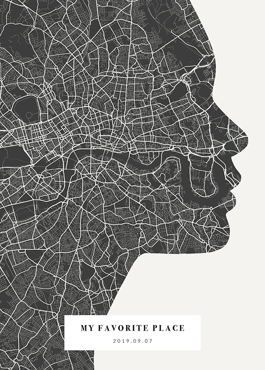  – City map in black and white shaped like a face silhouette with text at the bottom