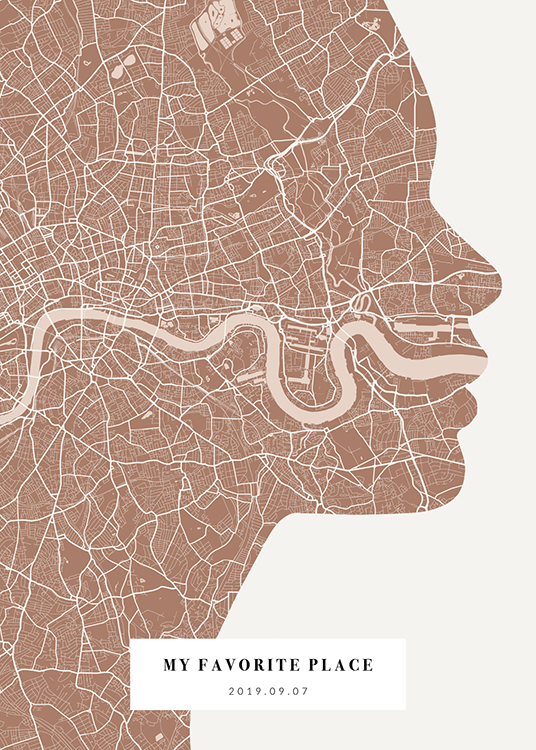  – City map in pink and off-white shaped like a face silhouette, with text at the bottom