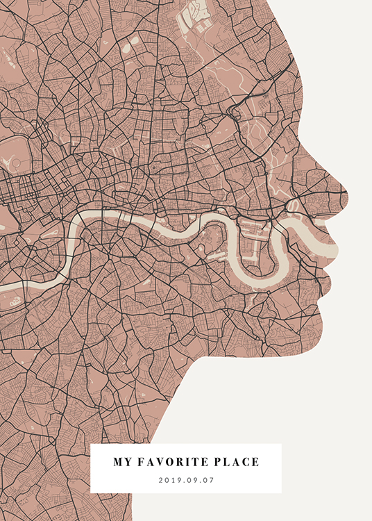  – City map shaped like the silhouette of a face in pink and dark grey, with text at the bottom