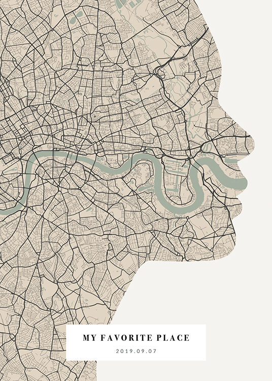  – Light green and beige city map shaped like a face silhouette with text at the bottom