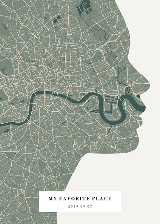  – City map in green and beige shaped like a face silhouette with text at the bottom