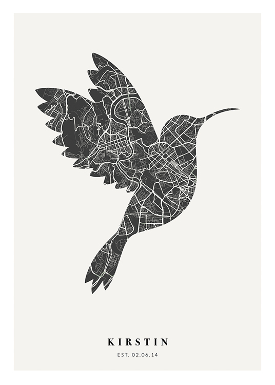  – City map in black and white in the shape of a bird with text at the bottom