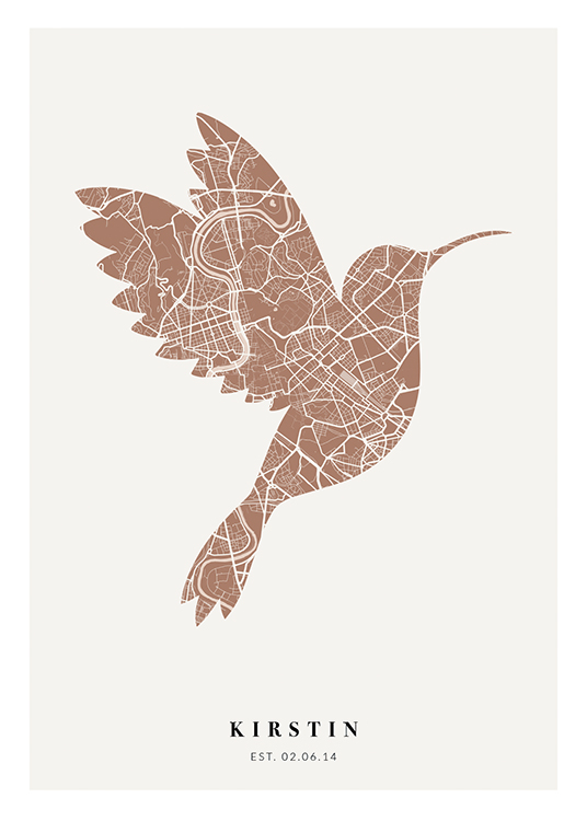  – City map in rusty pink and white shaped like a bird with text at the bottom