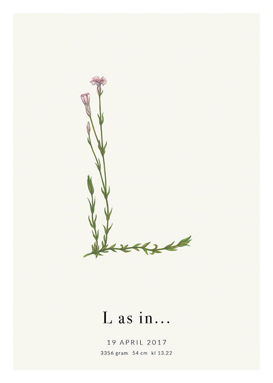  – The letter L shaped by pink flowers and green leaves, with text underneath