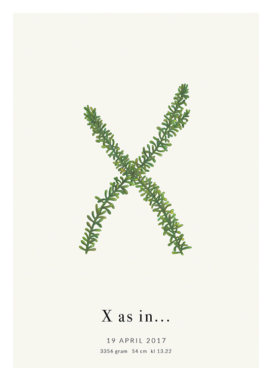  – The letter X shaped by leaves, with text underneath it