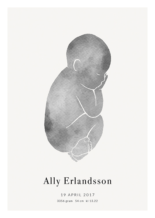  – A baby drawn in grey on a light grey background with text at the bottom