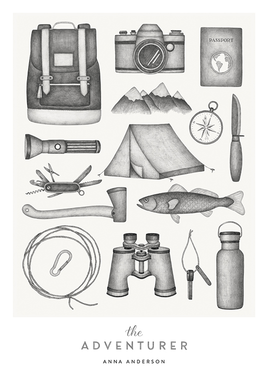  – Hiking equipment sketched in grey with text at the bottom