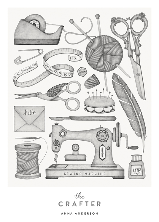  – Arts and crafts supplies sketched in grey with text at the bottom