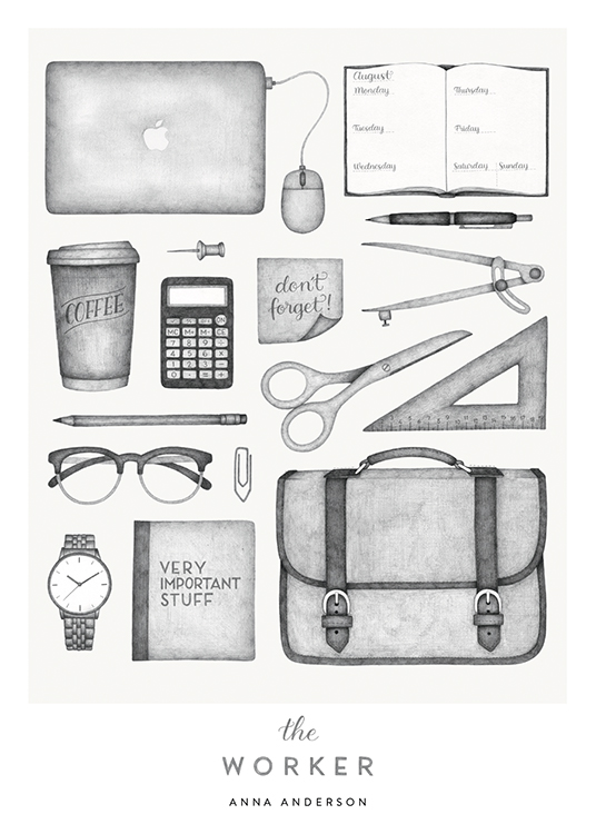  – Study and work material drawn in grey with text at the bottom