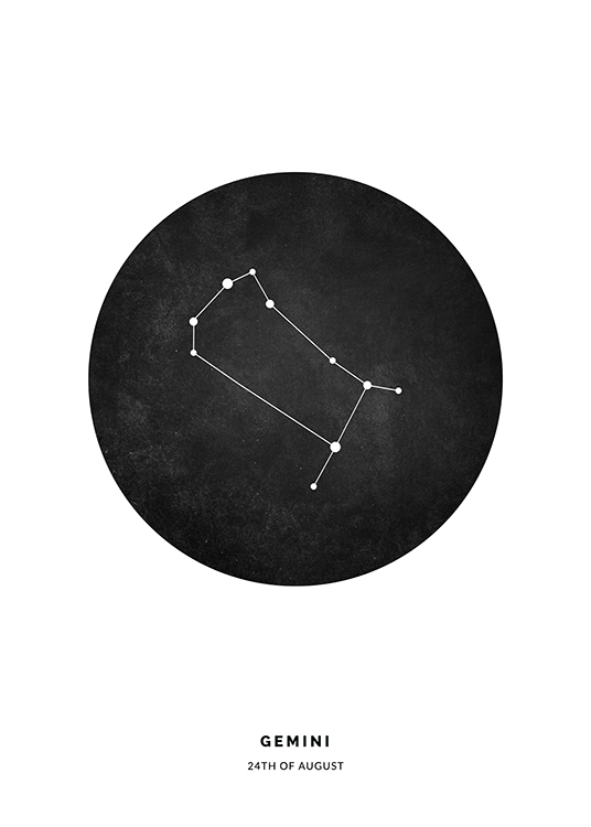  – Illustration with the Gemini zodiac sign in a black circle on a white background