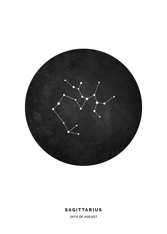  – Illustration with the Sagittarius zodiac sign in a black circle on a white background