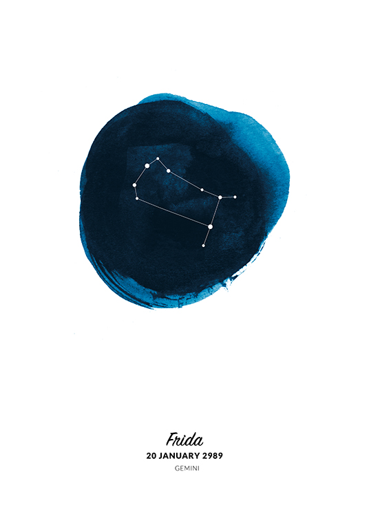  – Illustration of the Gemini sign in a circle painted in blue watercolour
