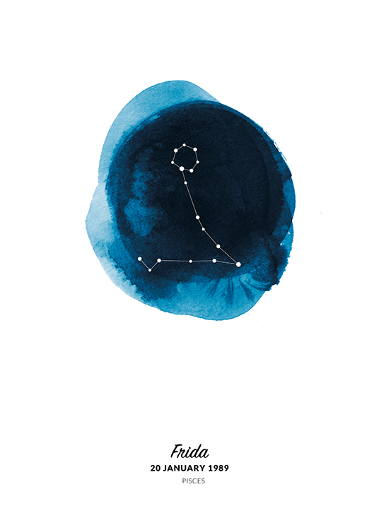  – Illustration of the Pisces sign in a circle painted in blue watercolour