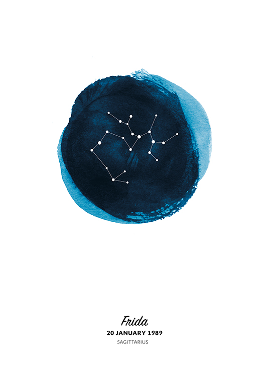  – Illustration of the Sagittarius sign in a circle painted in blue watercolour