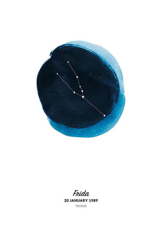  – Illustration of the Taurus sign in a circle painted in blue watercolour