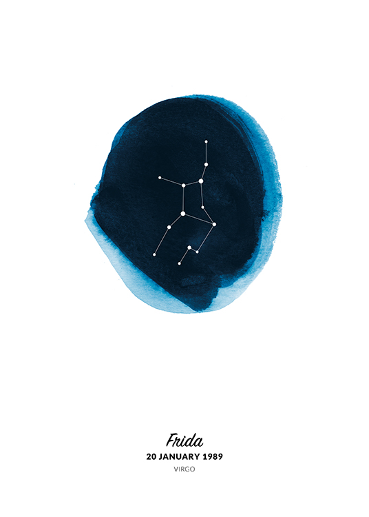  – Illustration of the Virgo sign in a circle painted in blue watercolour