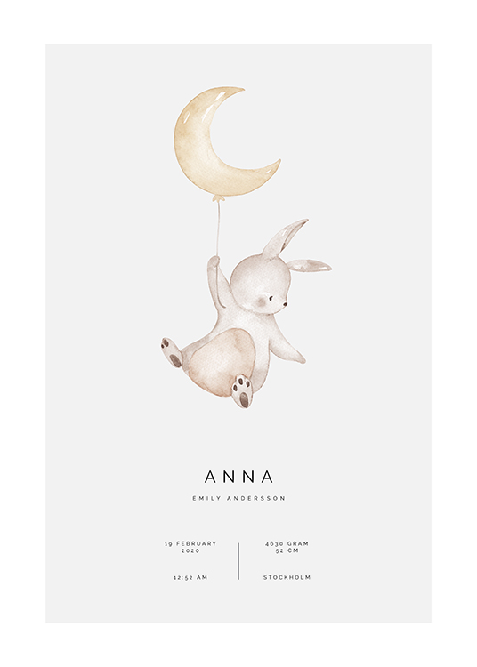  – Illustration of a little bunny holding a moon shaped balloon