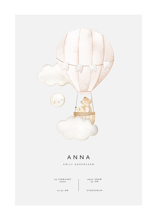  – Illustration of a small mouse and bear in a pink hot air balloon