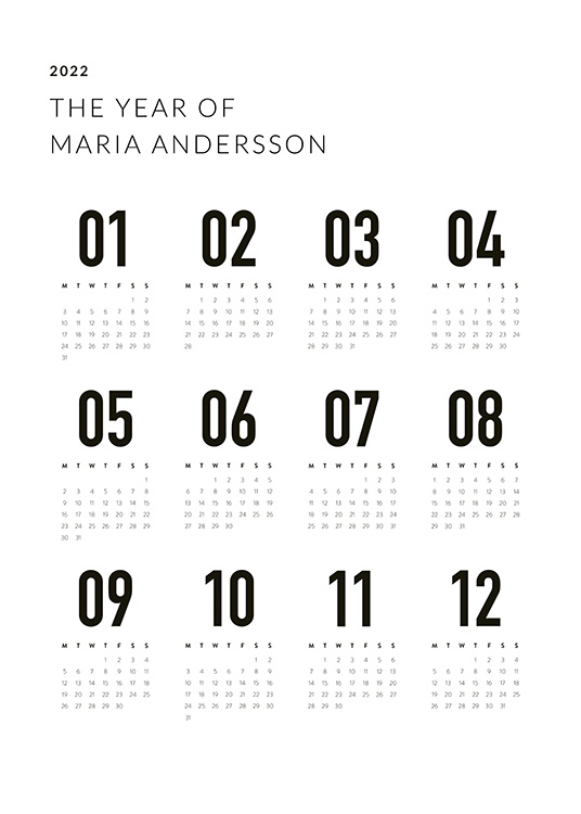  – A grid calendar with yearly overview of 2022 in black on a white background