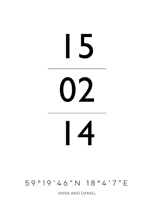  – A text print with black dates and coordinates against a white background