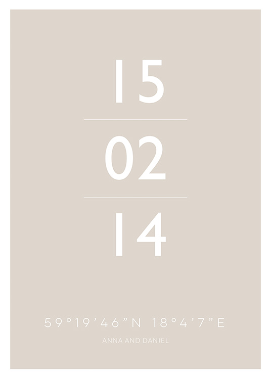  – A text print with white dates and coordinates on a beige background