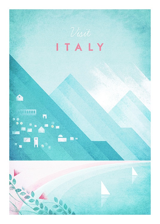Illustrated beach with mountains in the background in Italy